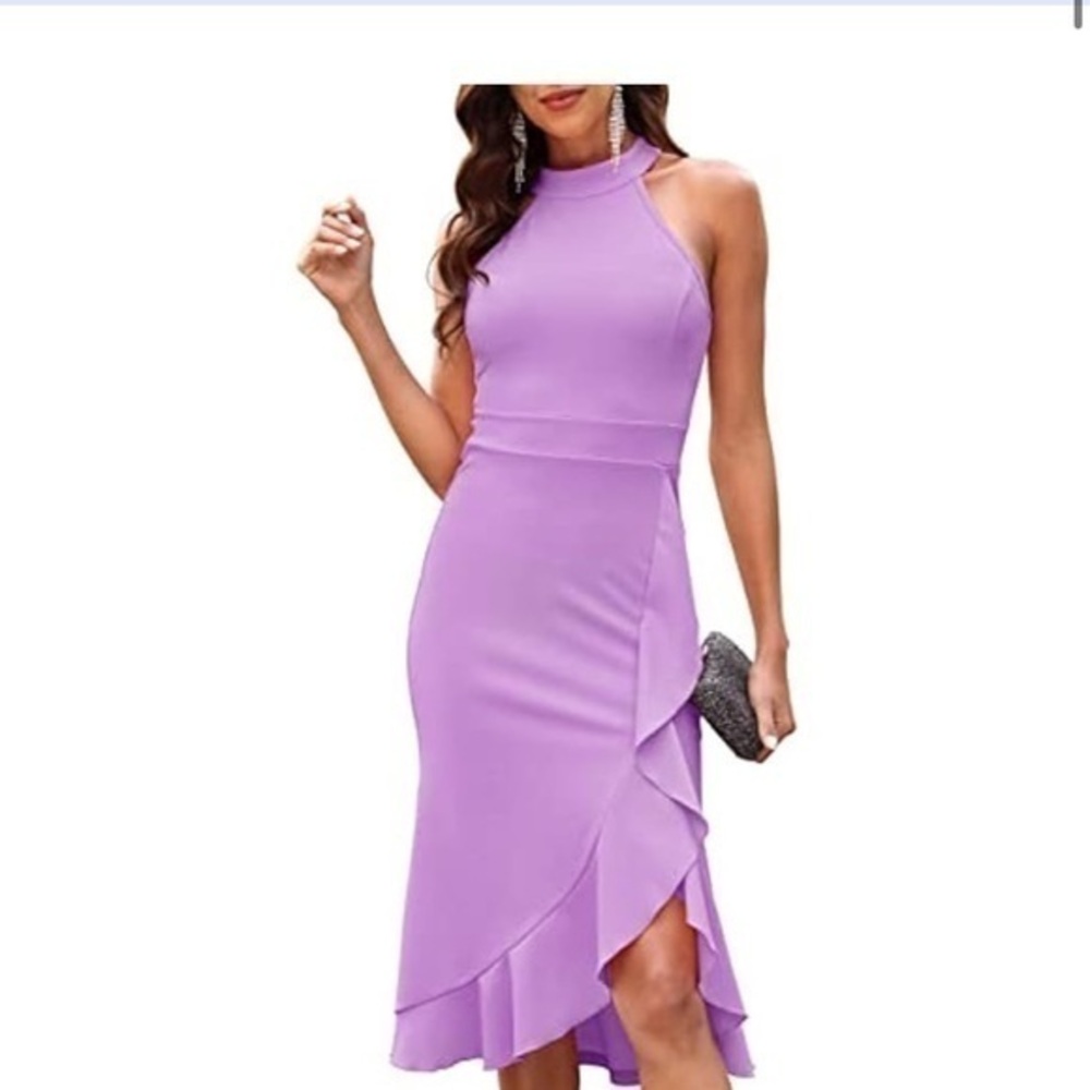 MEROKEETY Purple Halter Neck Sleeveless Split Midi Dress